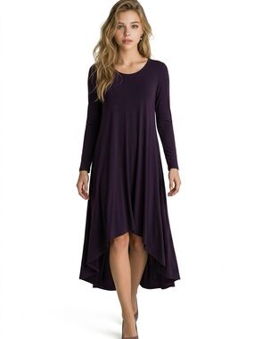 Long Sleeve High-Low Swing Dress in Deep Plum